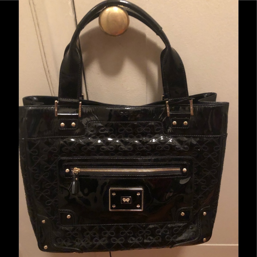 Beautiful Anya Hindmarch black quilted patent leather logo tote bag with strap